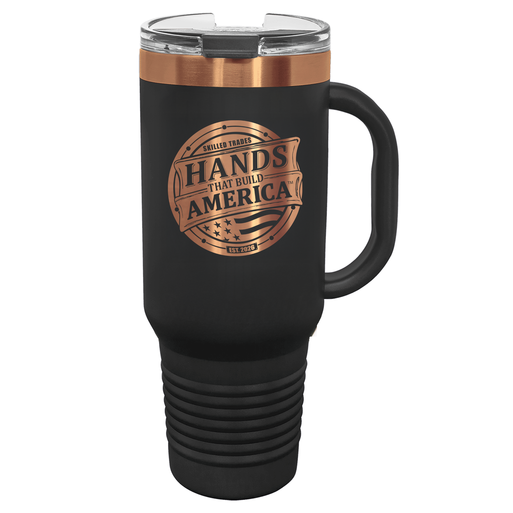 Black travel mug with bronze logo and text on a white background