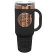 Black travel mug with bronze logo and text on a white background