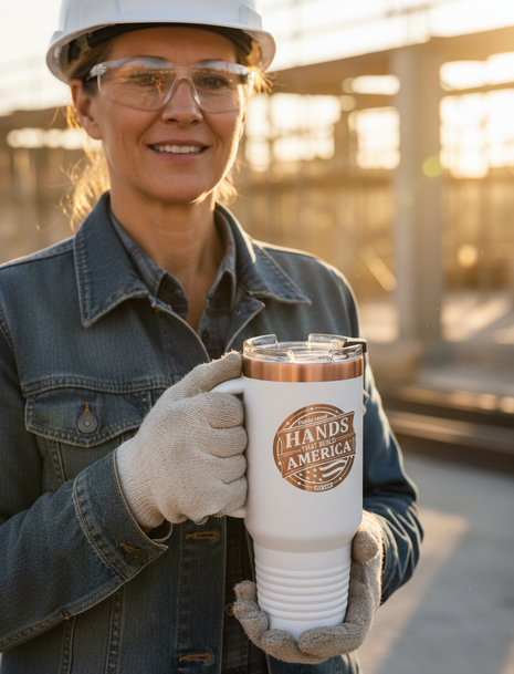 White travel mug with 'Hands That Build America' logo on a white background