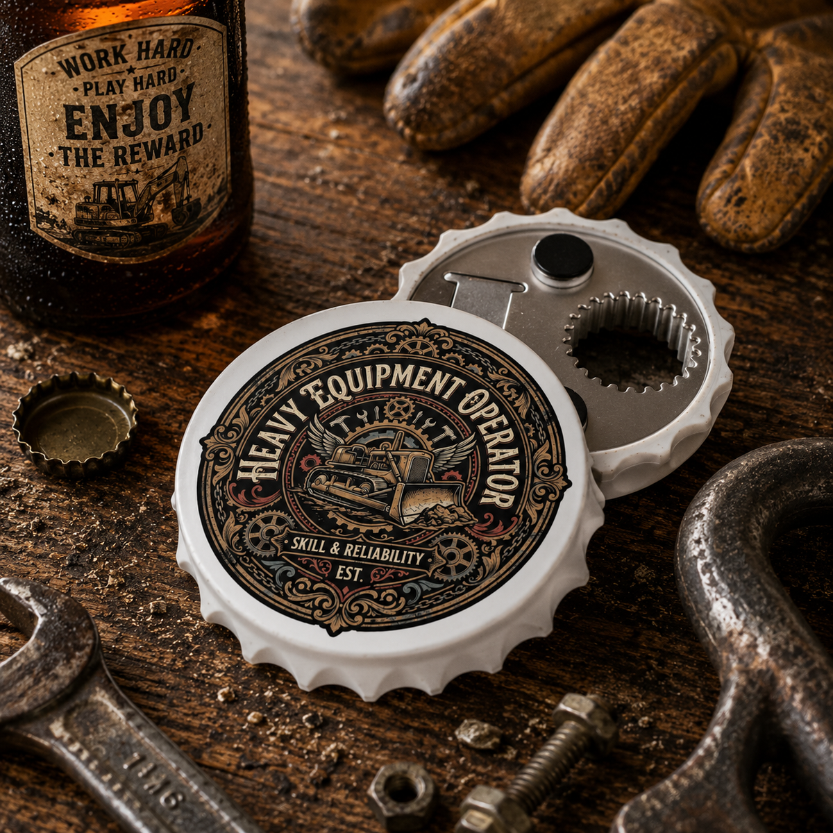 A bottle cap opener designed to look like a vintage 'Heavy Equipment Operator' license plate cover, displayed on a rustic wooden workbench alongside a bottle, wrench, and gloves.