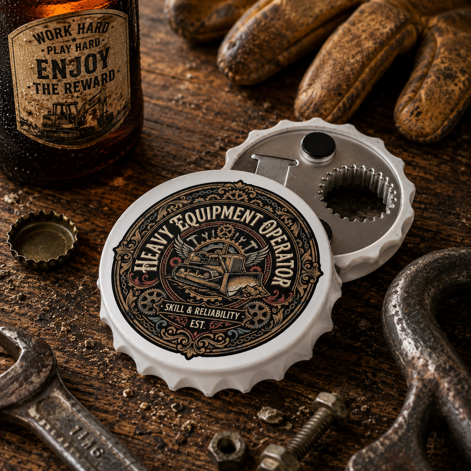 A bottle cap opener designed to look like a vintage 'Heavy Equipment Operator' license plate cover, displayed on a rustic wooden workbench alongside a bottle, wrench, and gloves.