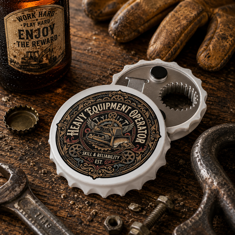 A bottle cap opener designed to look like a vintage 'Heavy Equipment Operator' license plate cover, displayed on a rustic wooden workbench alongside a bottle, wrench, and gloves.