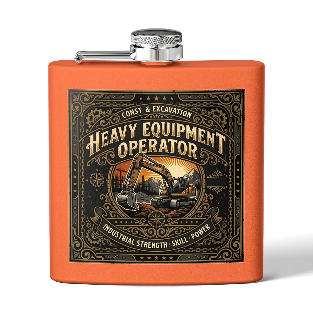 An orange square flask with a silver metal cap and a detailed black and gold graphic label on the front. The label features an excavator illustration and the text 'CONST.