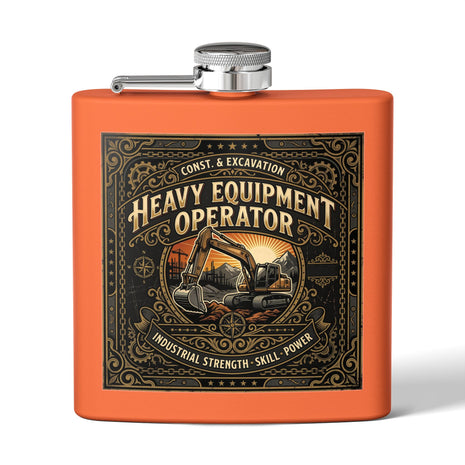 An orange square flask with a silver metal cap and a detailed black and gold graphic label on the front. The label features an excavator illustration and the text 'CONST.
