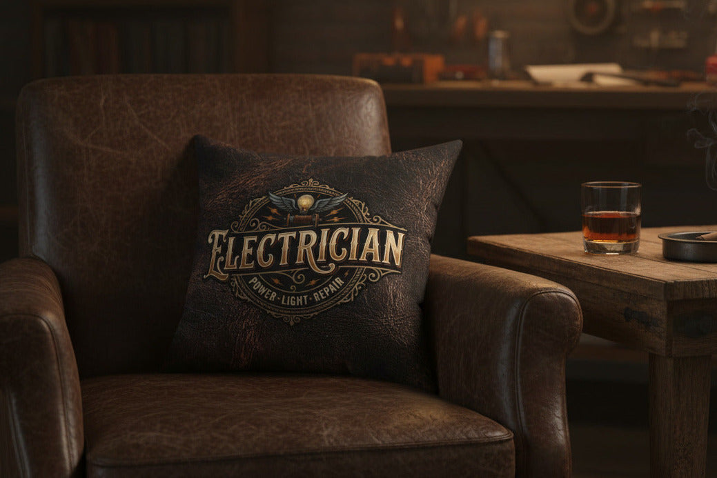 Decorative pillow with 'Electrician' design on a white background