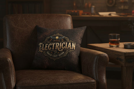 Decorative pillow with 'Electrician' design on a white background
