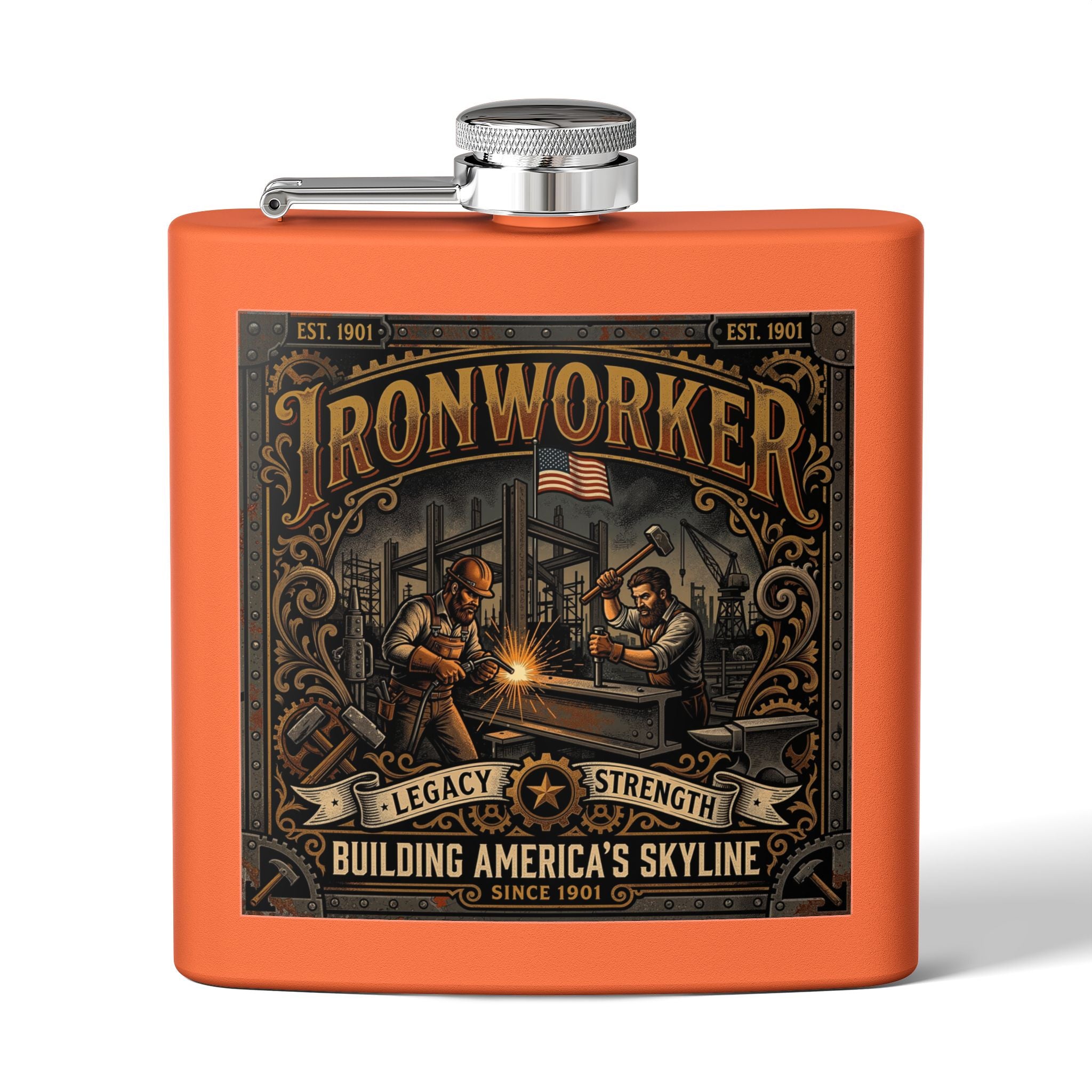 An orange metal flask with a silver screw-top lid and side spout, featuring a large vintage-style 'Ironworker' graphic on the front with an illustration of welders and the text 'Building America's Skyline Since 1901'.