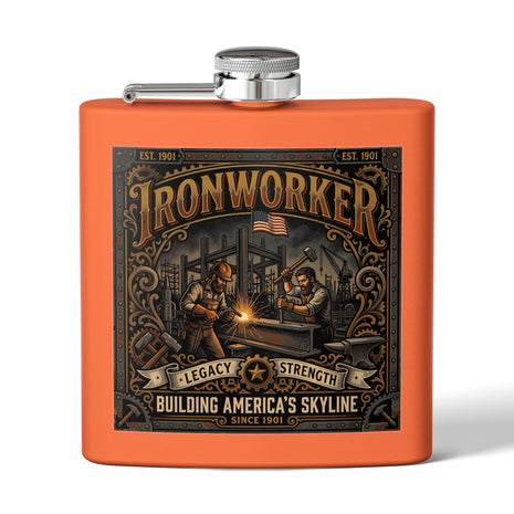 An orange metal flask with a silver screw-top lid and side spout, featuring a large vintage-style 'Ironworker' graphic on the front with an illustration of welders and the text 'Building America's Skyline Since 1901'.
