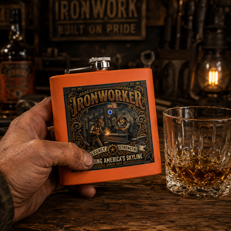 A hand holds an orange square flask with a detailed black and gold 'Ironworker' graphic, set on a rustic wooden table next to a glass of whiskey, with a warm, industrial-themed background.