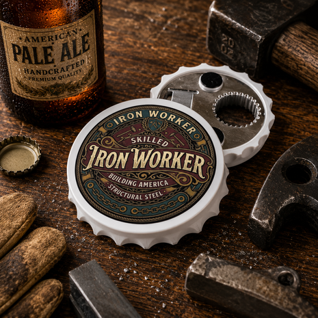 A bottle cap opener designed to look like a vintage beer bottle cap, featuring a circular label that reads 'Iron Worker Skilled Structural Steel'. It is displayed on a rustic wooden workbench surrounded by tools, including a hammer, a bottle cap, and a bottle of pale ale.