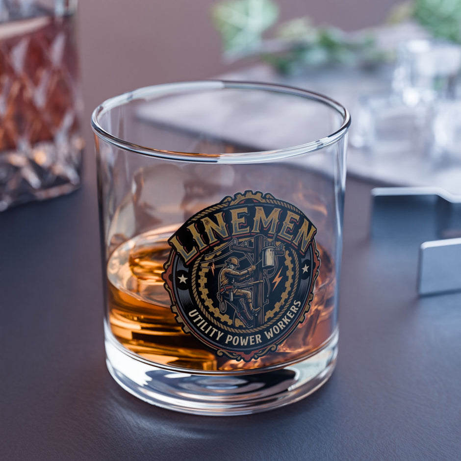 Glass with a 'Linemen' emblem filled with a amber liquid on a dark surface.