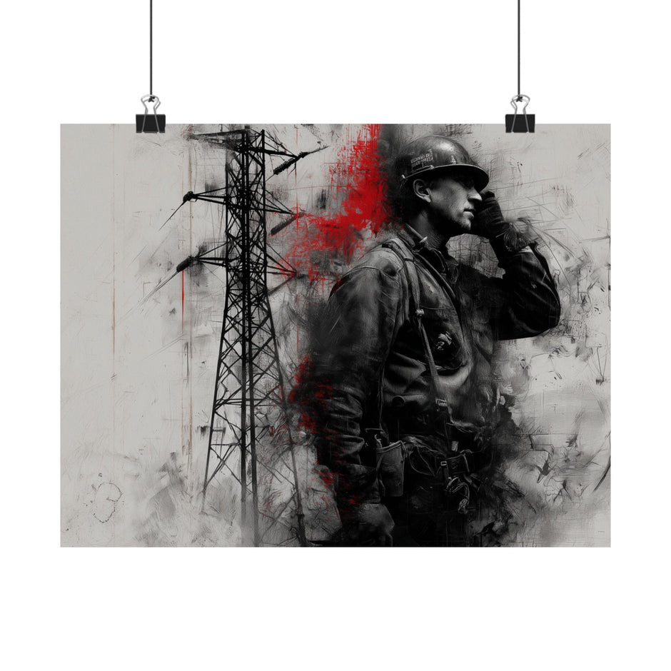 A lone Lineman in vintage safety gear stands against towering power lines