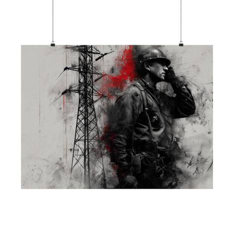 A lone Lineman in vintage safety gear stands against towering power lines