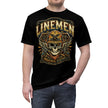 Black t-shirt with a 'Linemen Industrial Electric' graphic design featuring a skull and crossed tools on a white background.
