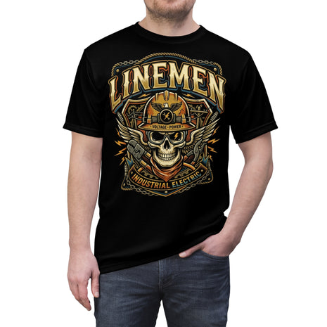 Black t-shirt with a 'Linemen Industrial Electric' graphic design featuring a skull and crossed tools on a white background.
