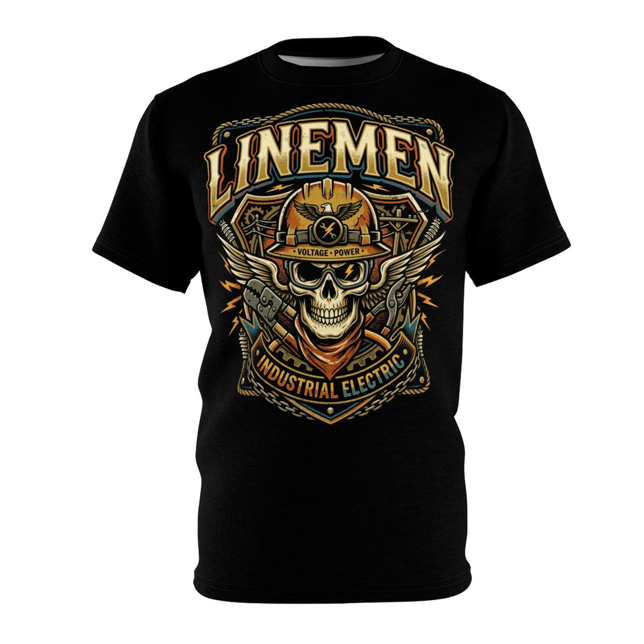 Black t-shirt with a 'Linemen Industrial Electric' graphic design featuring a skull and crossed tools on a white background.