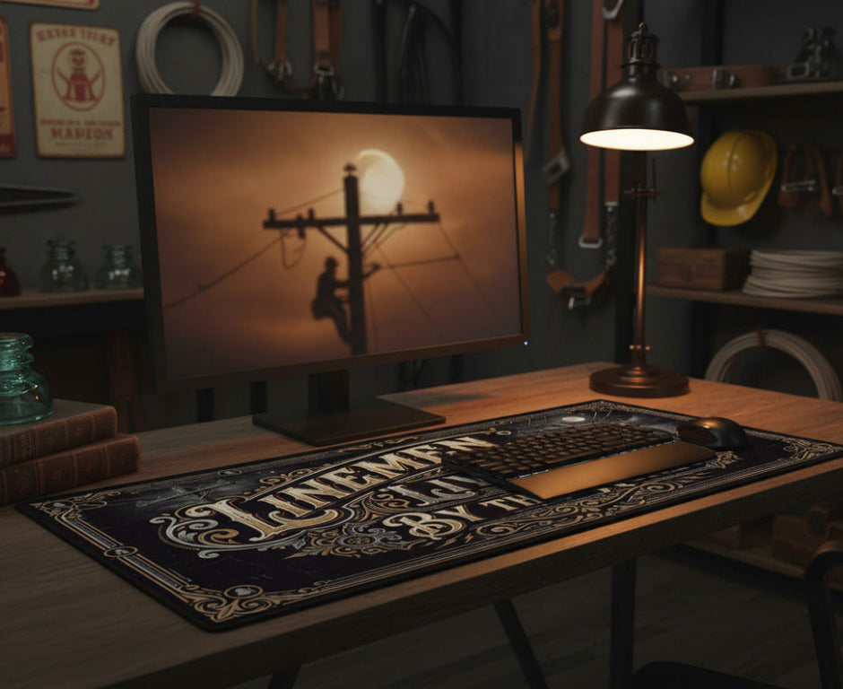 Desk Mat Mouse Pad with 'Linemen... Living By The Wire' text and vintage design elements.