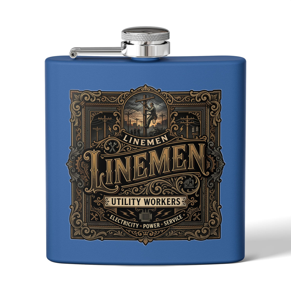 A blue rectangular flask with a silver screw-top lid and side spout, featuring a large vintage-style brown label that reads 'LINEMEN' and 'UTILITY WORKERS' with decorative ornamental borders.