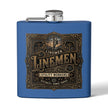 A blue rectangular flask with a silver screw-top lid and side spout, featuring a large vintage-style brown label that reads 'LINEMEN' and 'UTILITY WORKERS' with decorative ornamental borders.