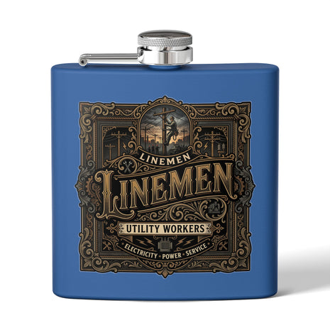 A blue rectangular flask with a silver screw-top lid and side spout, featuring a large vintage-style brown label that reads 'LINEMEN' and 'UTILITY WORKERS' with decorative ornamental borders.