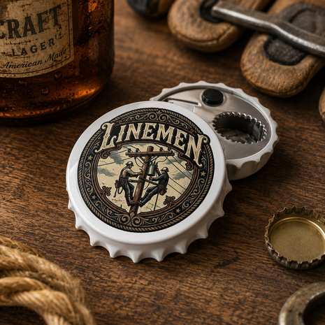 A bottle cap opener shaped like a white bottle cap with a vintage-style 'LINEMEN' anchor emblem, shown open on a wooden surface with beer bottles and rope props around it.