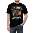 Black t-shirt with 'Linemen American Pride' design featuring workers and an American flag.