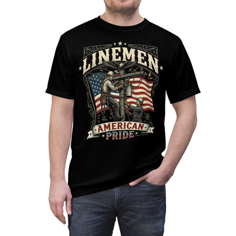Black t-shirt with 'Linemen American Pride' design featuring workers and an American flag.