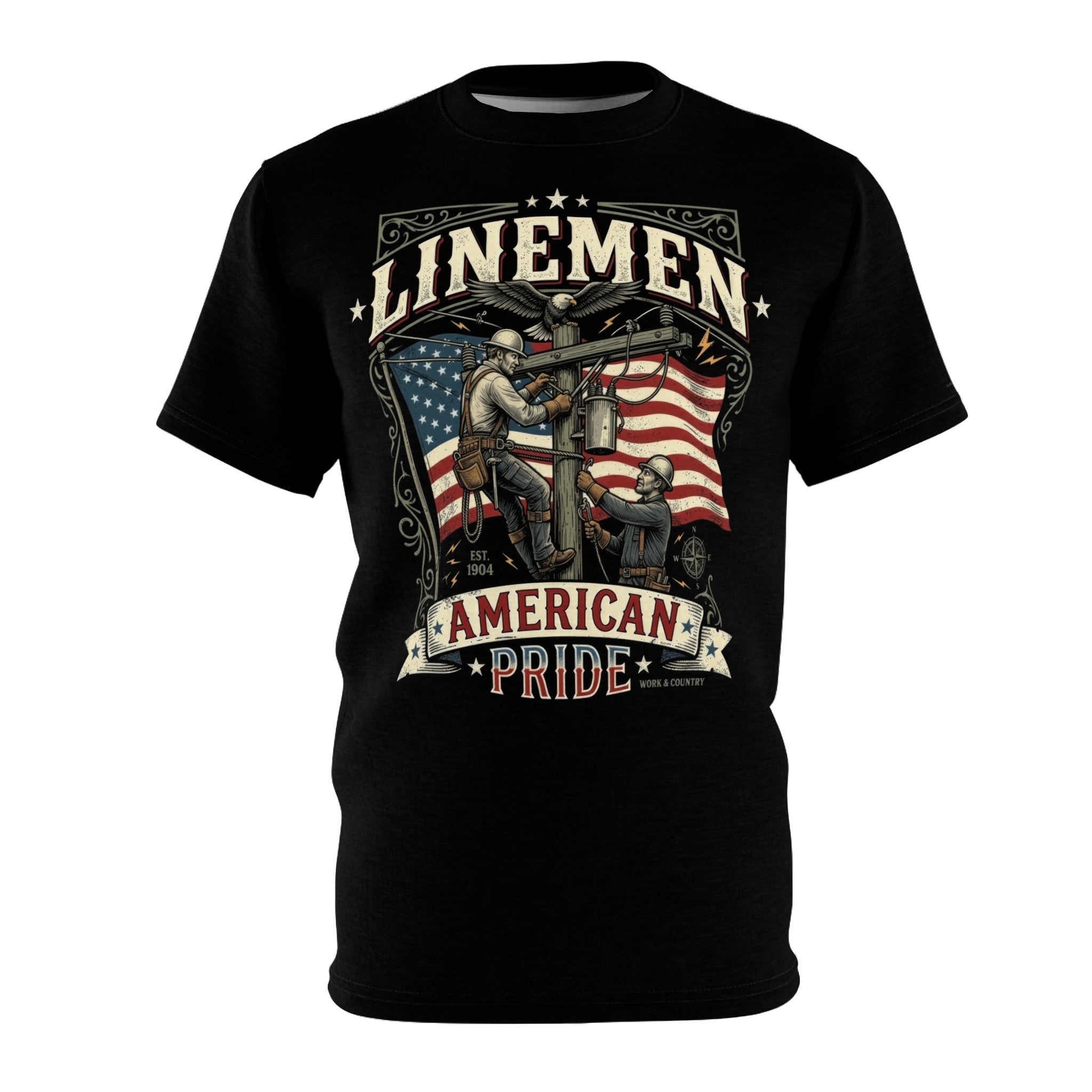 Black t-shirt with 'Linemen American Pride' design featuring workers and an American flag.