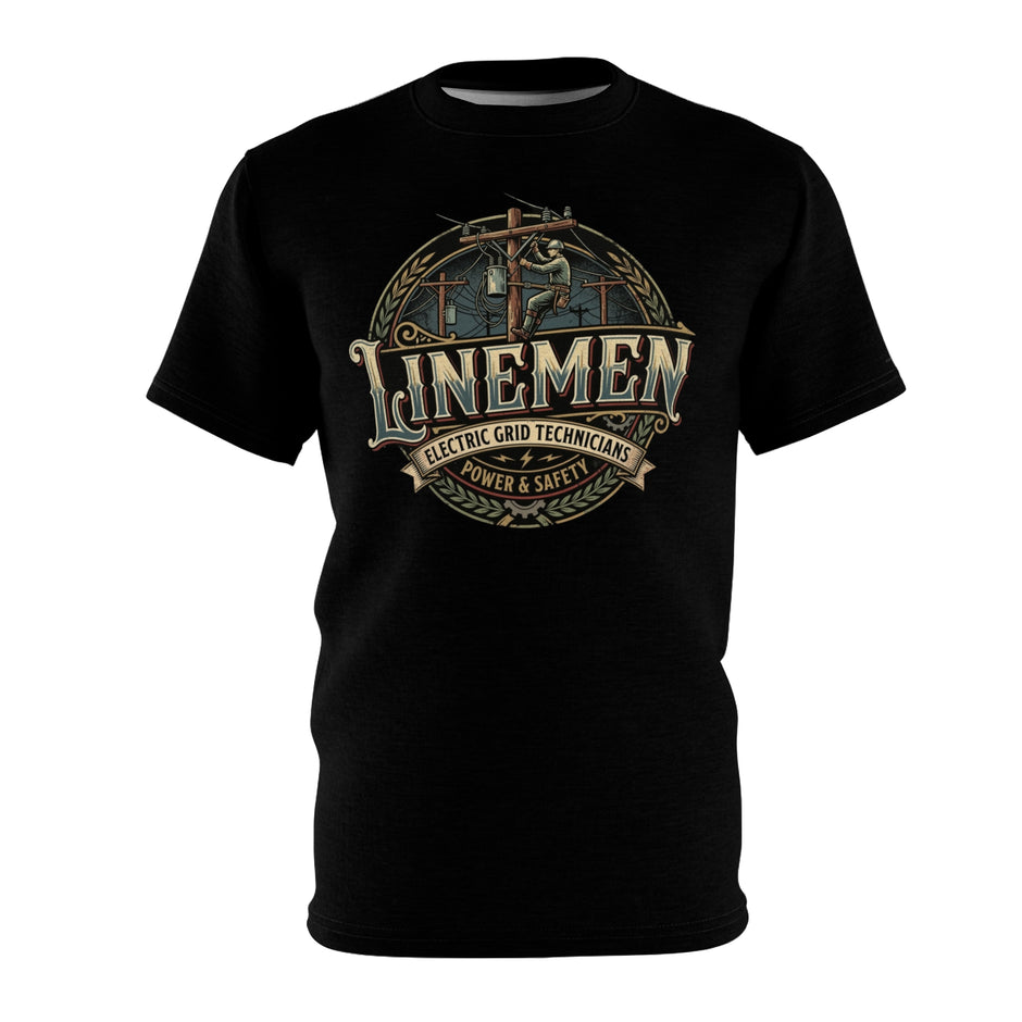 Black t-shirt with 'LINEMEN' graphic design on a white background