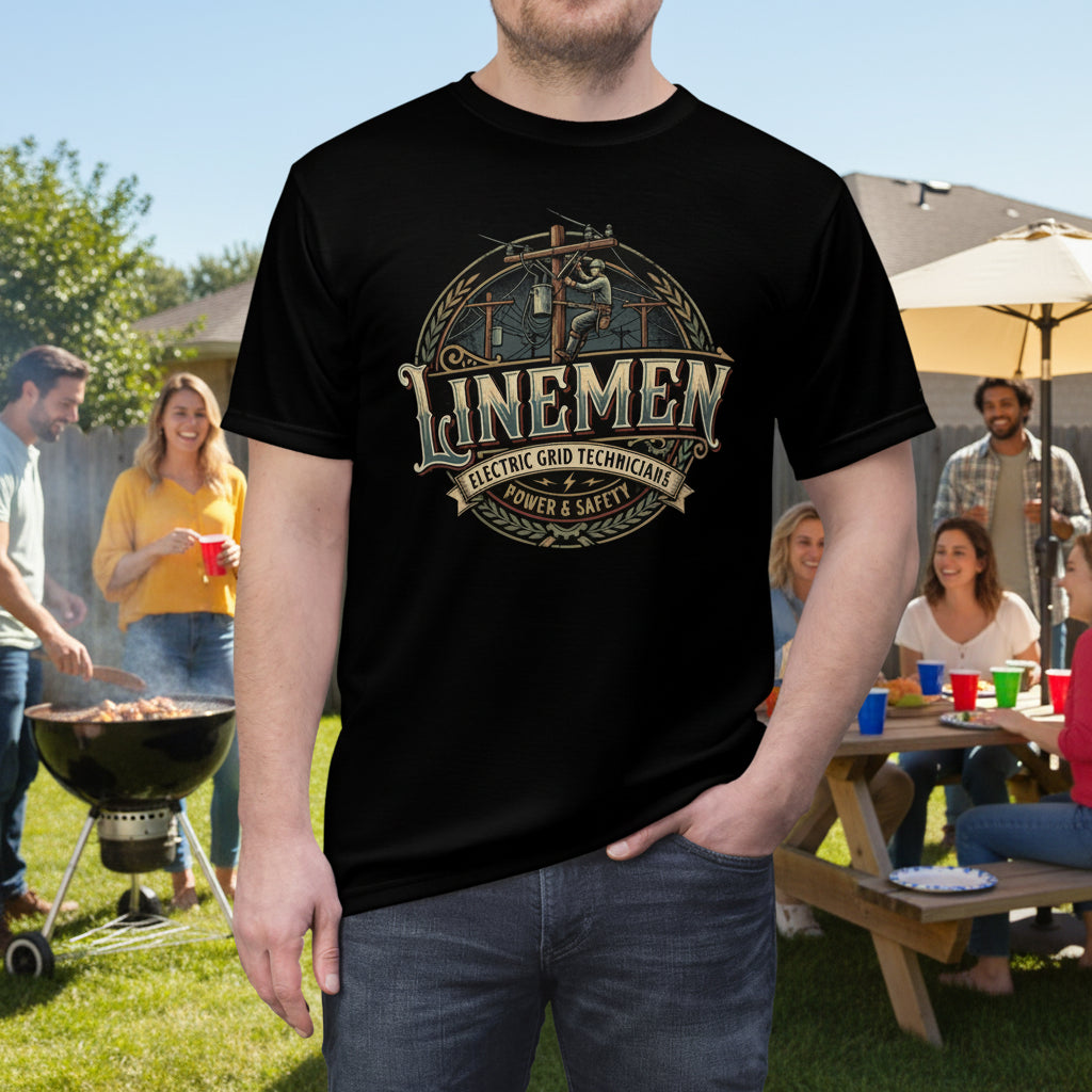 Black t-shirt with 'LINEMEN' graphic design on a white background