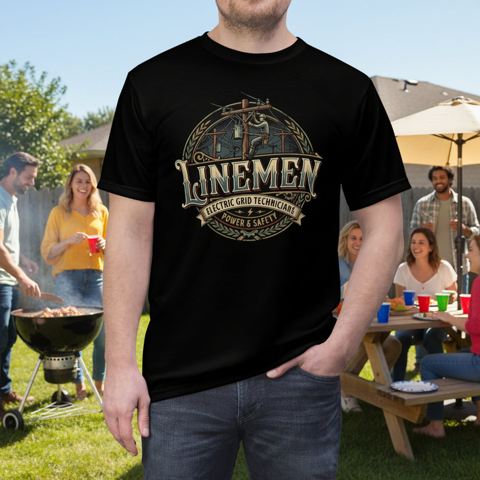 Black t-shirt with 'LINEMEN' graphic design on a white background