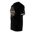 Black t-shirt with a logo on sleeve and text on a white background