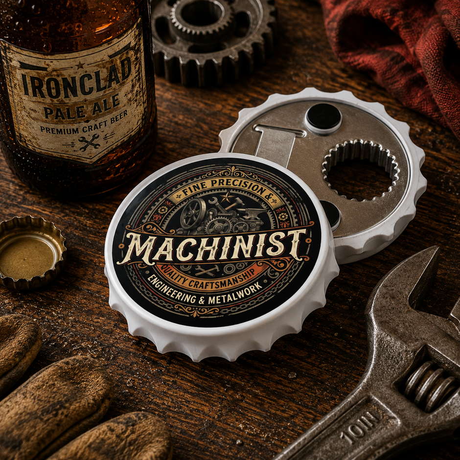 A bottle-cap-shaped metal tool with a printed 'Machinist' label sits on a rustic wooden workbench, alongside an adjustable wrench, work gloves, gears, and a bottle of Ironclad Pale Ale.