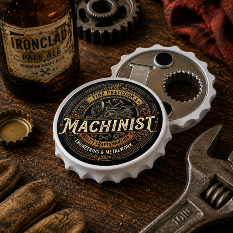 A bottle-cap-shaped metal tool with a printed 'Machinist' label sits on a rustic wooden workbench, alongside an adjustable wrench, work gloves, gears, and a bottle of Ironclad Pale Ale.