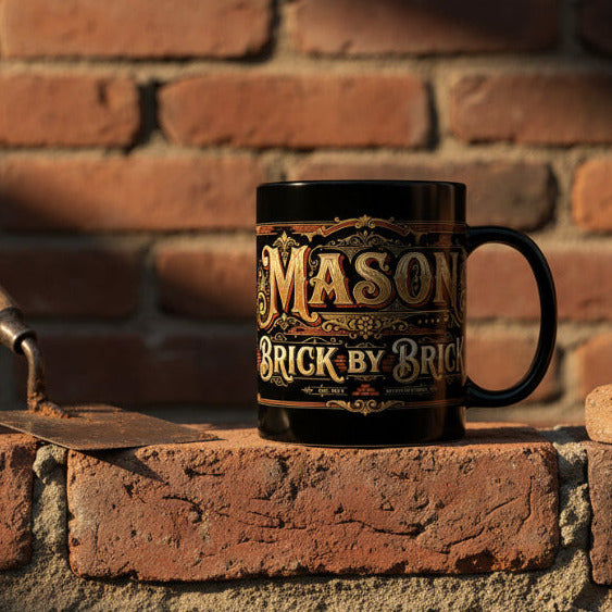 Black mug with decorative text on a brick wall with a trowel and loose brick