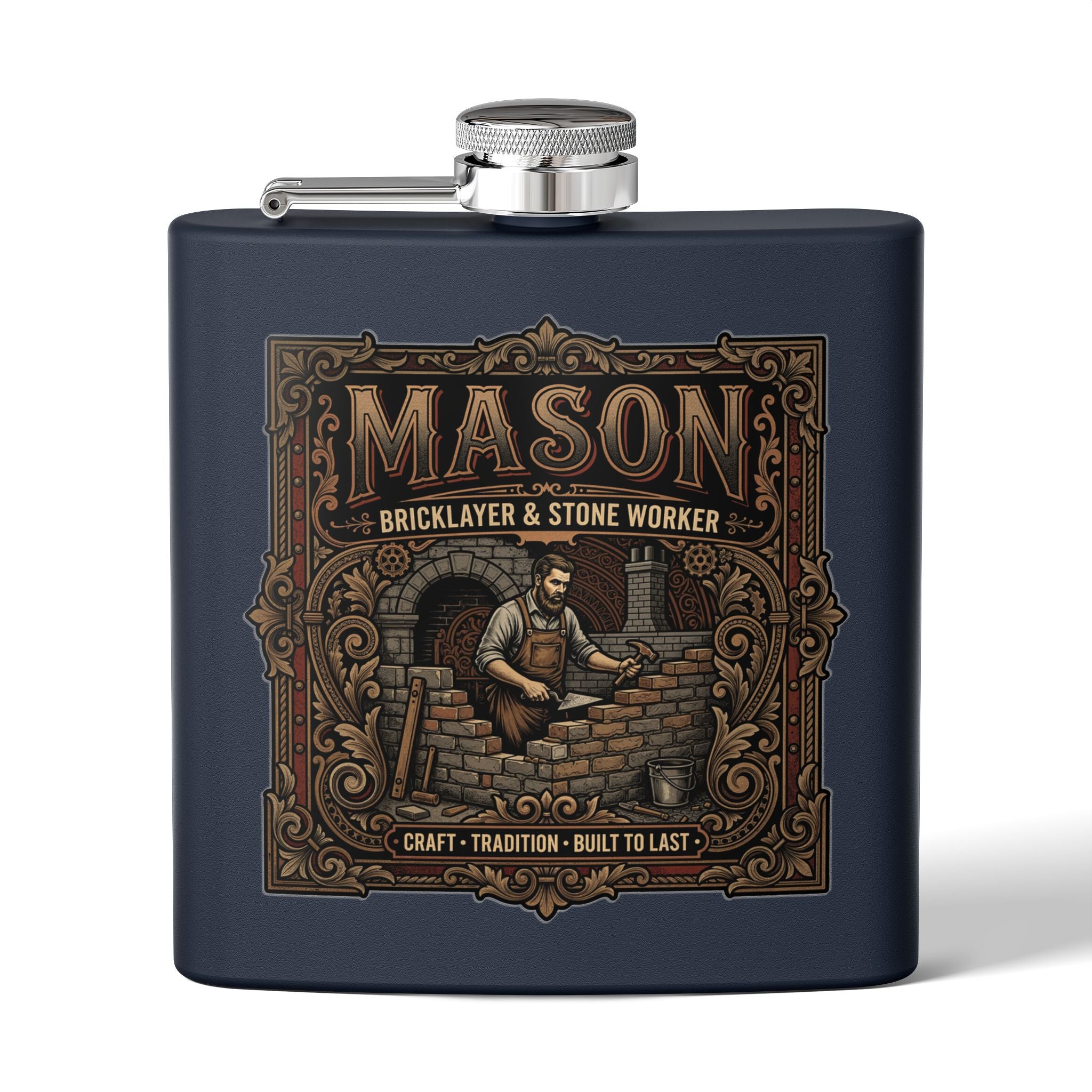 A matte navy blue flask with a silver screw cap and side spout, featuring a large vintage-style brown and gold graphic on the front that reads “MASON Bricklayer & Stone Worker” with an illustration of a mason working with bricks.