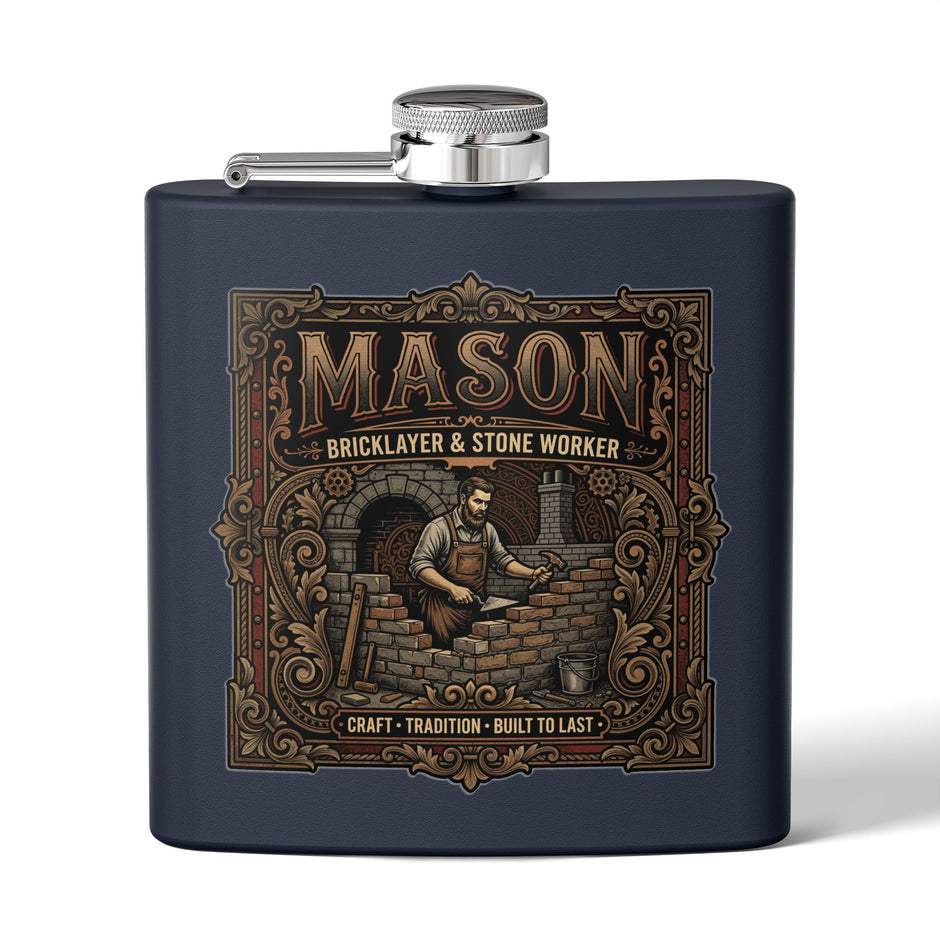 A matte navy blue flask with a silver screw cap and side spout, featuring a large vintage-style brown and gold graphic on the front that reads “MASON Bricklayer & Stone Worker” with an illustration of a mason working with bricks.