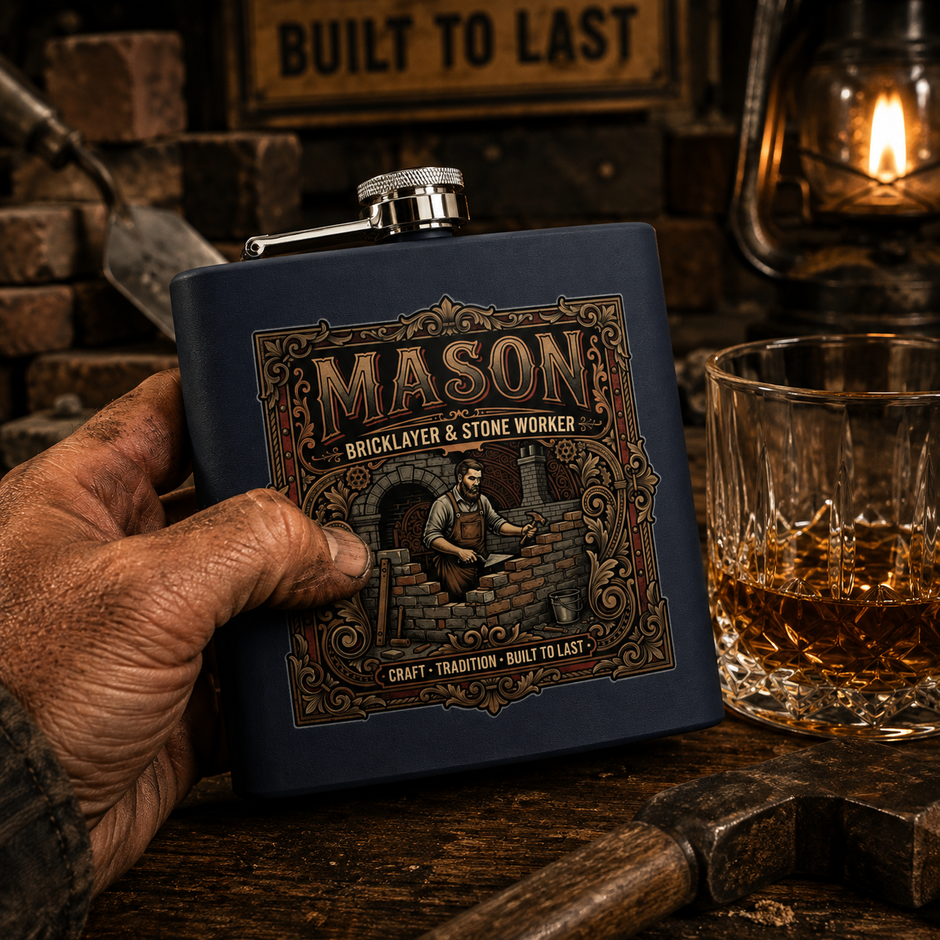Mason Bricklayer 6oz Stainless Steel Flask – Vintage Stoneworker Design - DCA0427