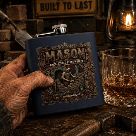 Mason Bricklayer 6oz Stainless Steel Flask – Vintage Stoneworker Design - DCA0427