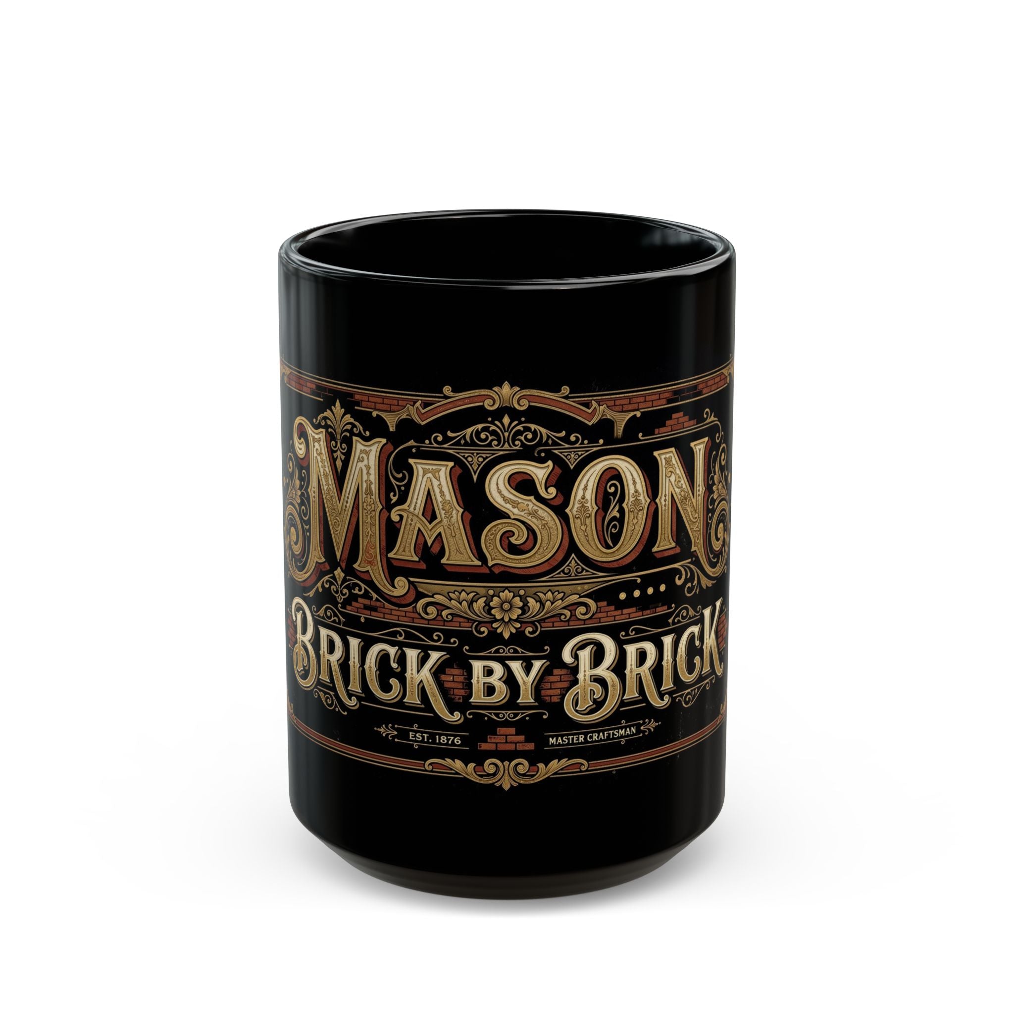 Black mug with decorative text on a white background
