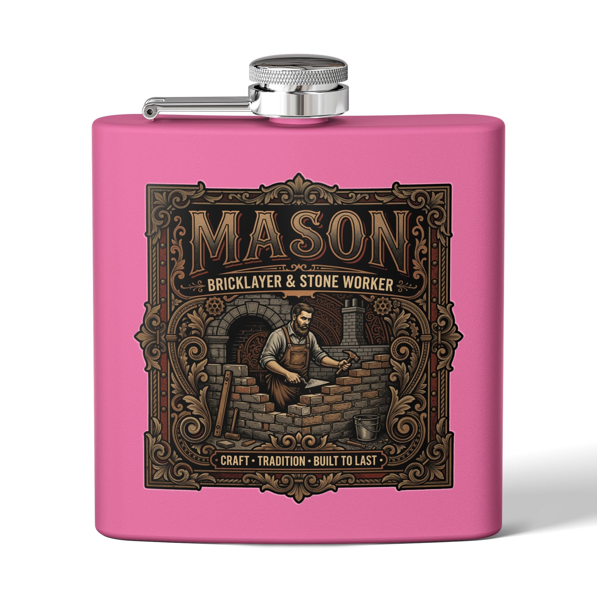 A pink square flask with a silver screw-top lid and side spout, featuring a large decorative front label that reads “MASON Bricklayer & Stone Worker” with an illustrated mason at a brick fireplace.
