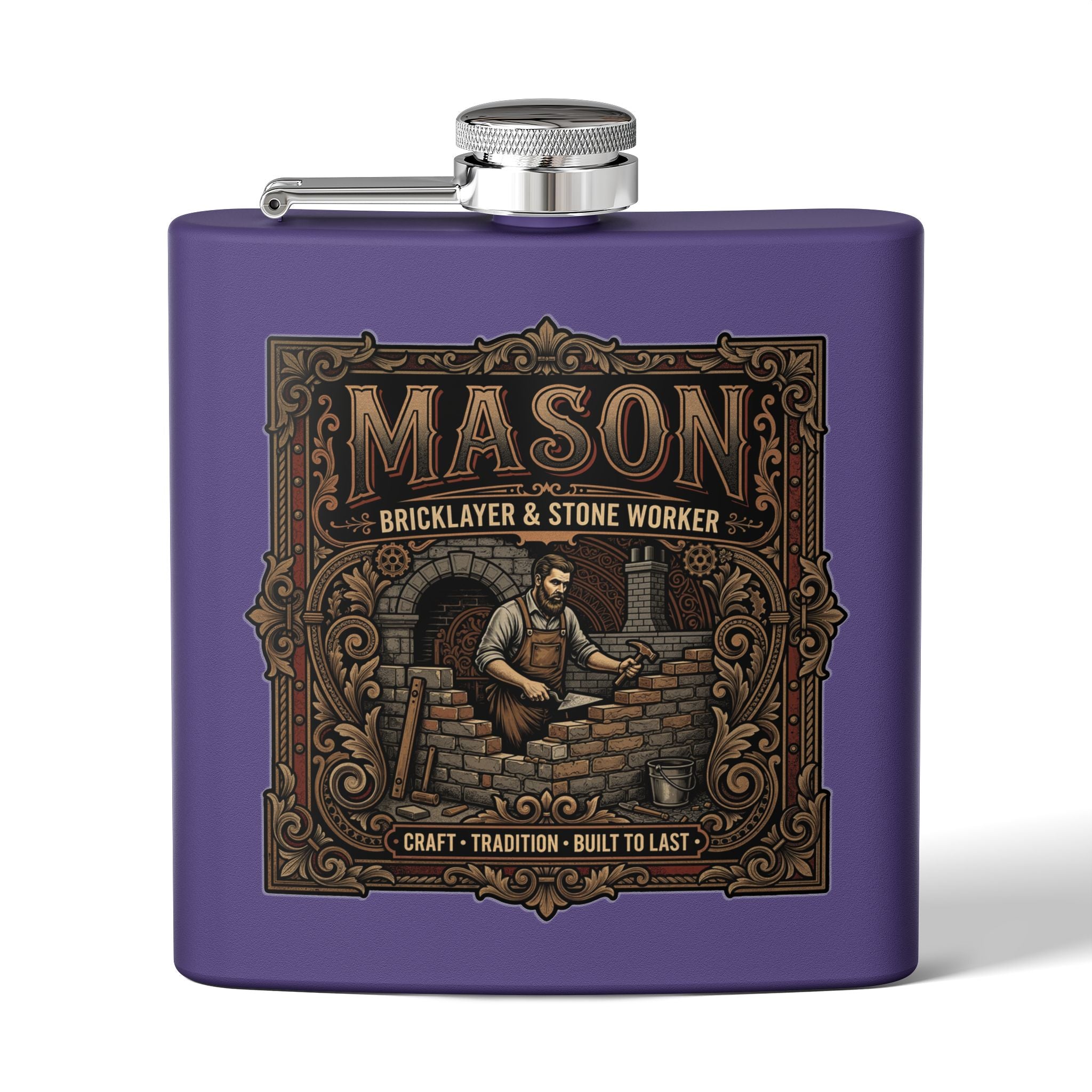 A purple flask with a silver screw cap and side spout, featuring a large vintage-style graphic on the front that reads “MASON Bricklayer & Stone Worker” with an illustration of a mason working with bricks and tools.