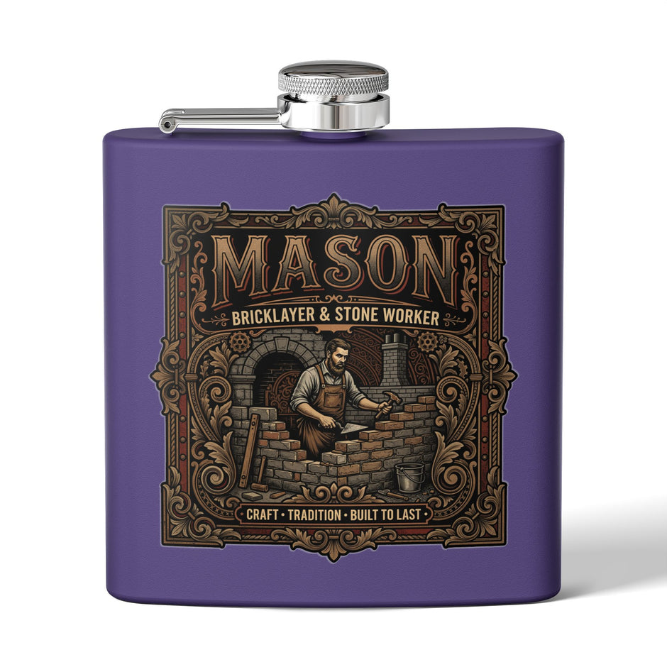 A purple flask with a silver screw cap and side spout, featuring a large vintage-style graphic on the front that reads “MASON Bricklayer & Stone Worker” with an illustration of a mason working with bricks and tools.