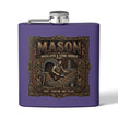 A purple flask with a silver screw cap and side spout, featuring a large vintage-style graphic on the front that reads “MASON Bricklayer & Stone Worker” with an illustration of a mason working with bricks and tools.