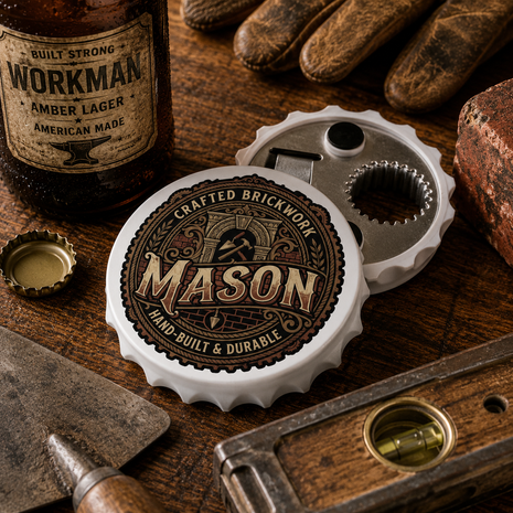 A white bottle cap opener with a circular brown and beige Mason brand decal, shown on a rustic wooden workbench with tools, a workman bottle, and leather gloves around it.
