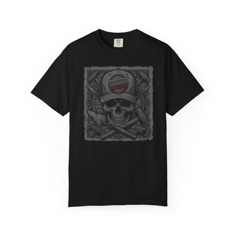 Black t-shirt with a skull and cross tools design on a white background