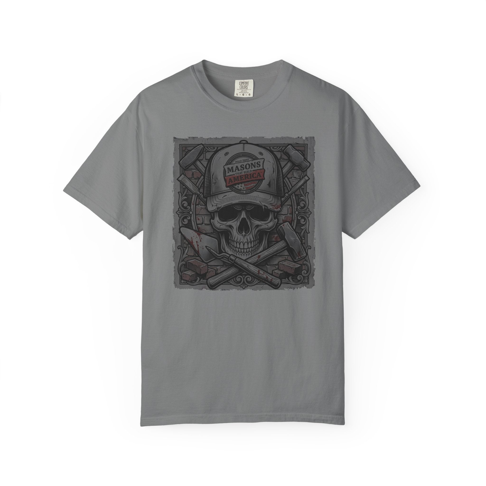 Light Gray t-shirt with Masons skull and cross tools and text on a white background