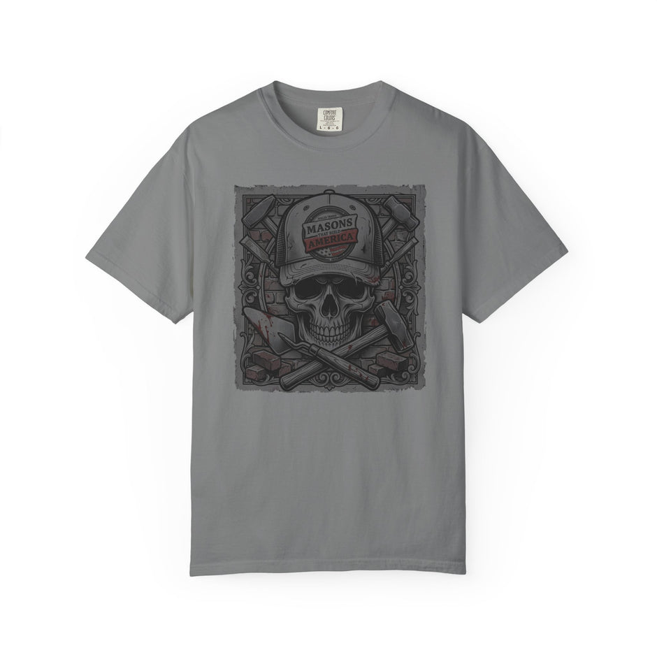 Light Gray t-shirt with Masons skull and cross tools and text on a white background
