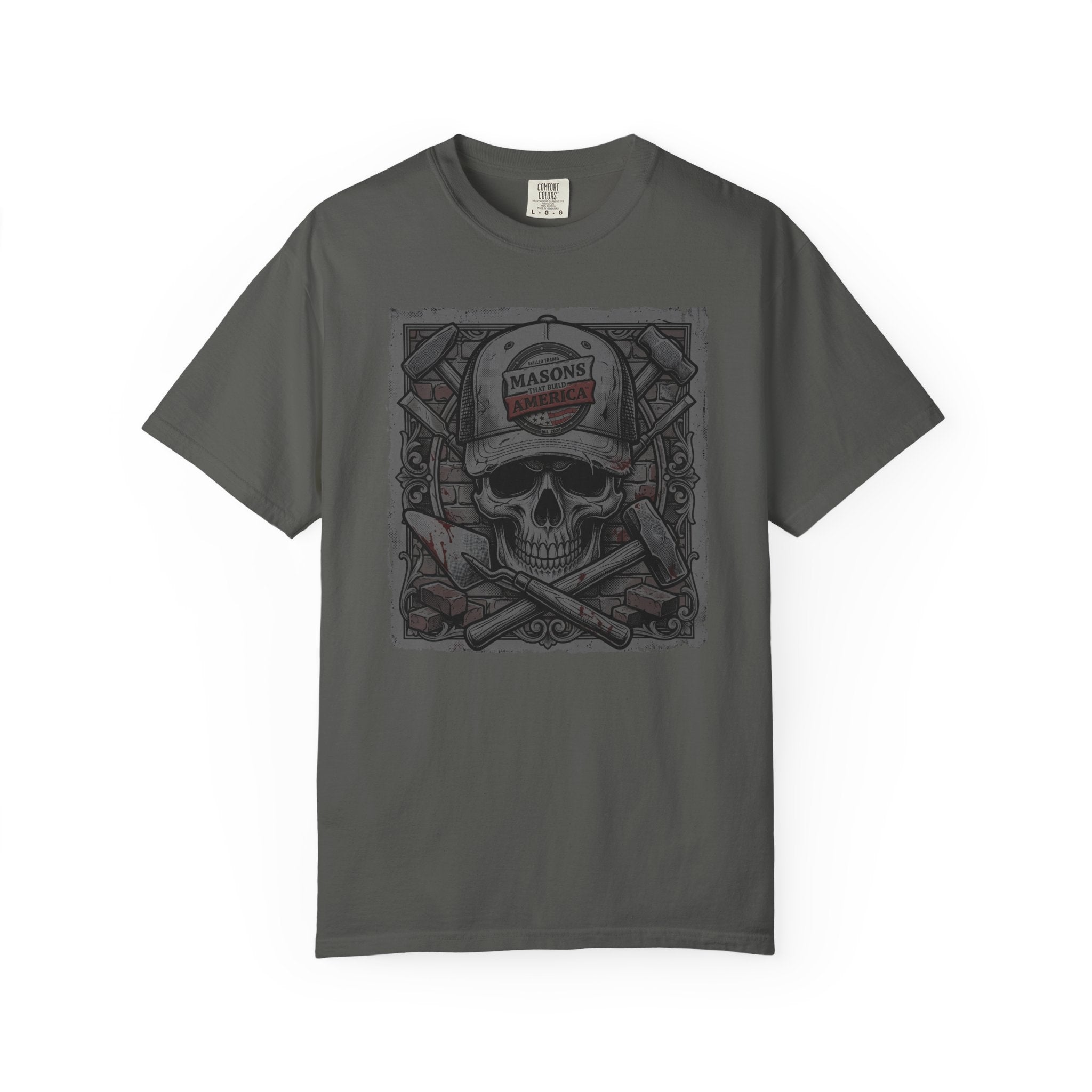 Pepper Colored T-Shirt with skull and cross tools and text on a white background