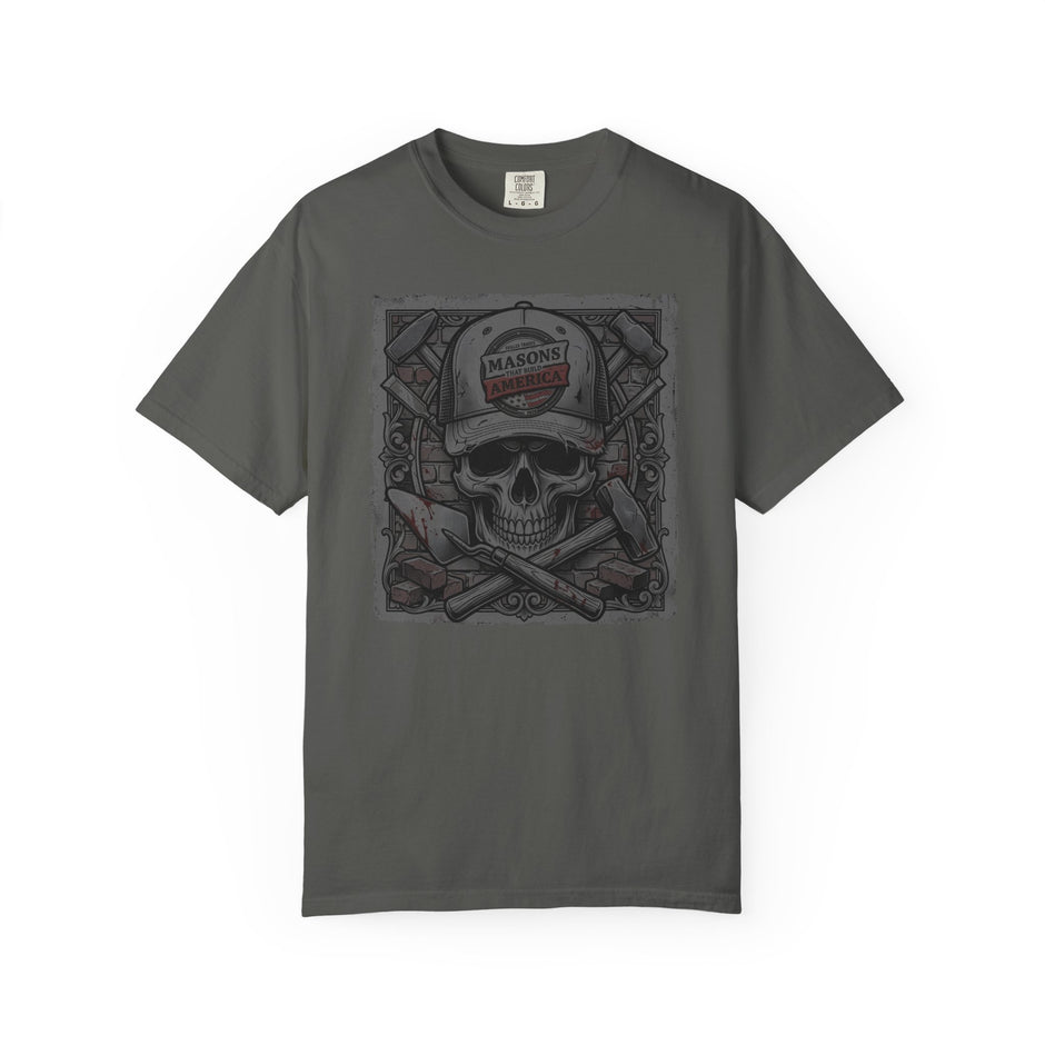 Pepper Colored T-Shirt with skull and cross tools and text on a white background